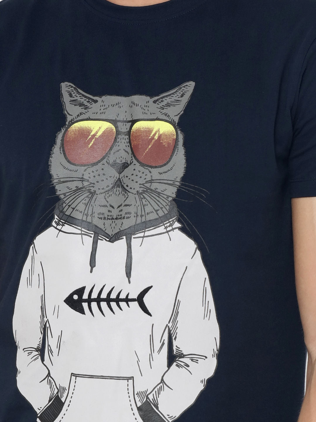 Dark Blue Cat Print Crew Neck T-Shirt