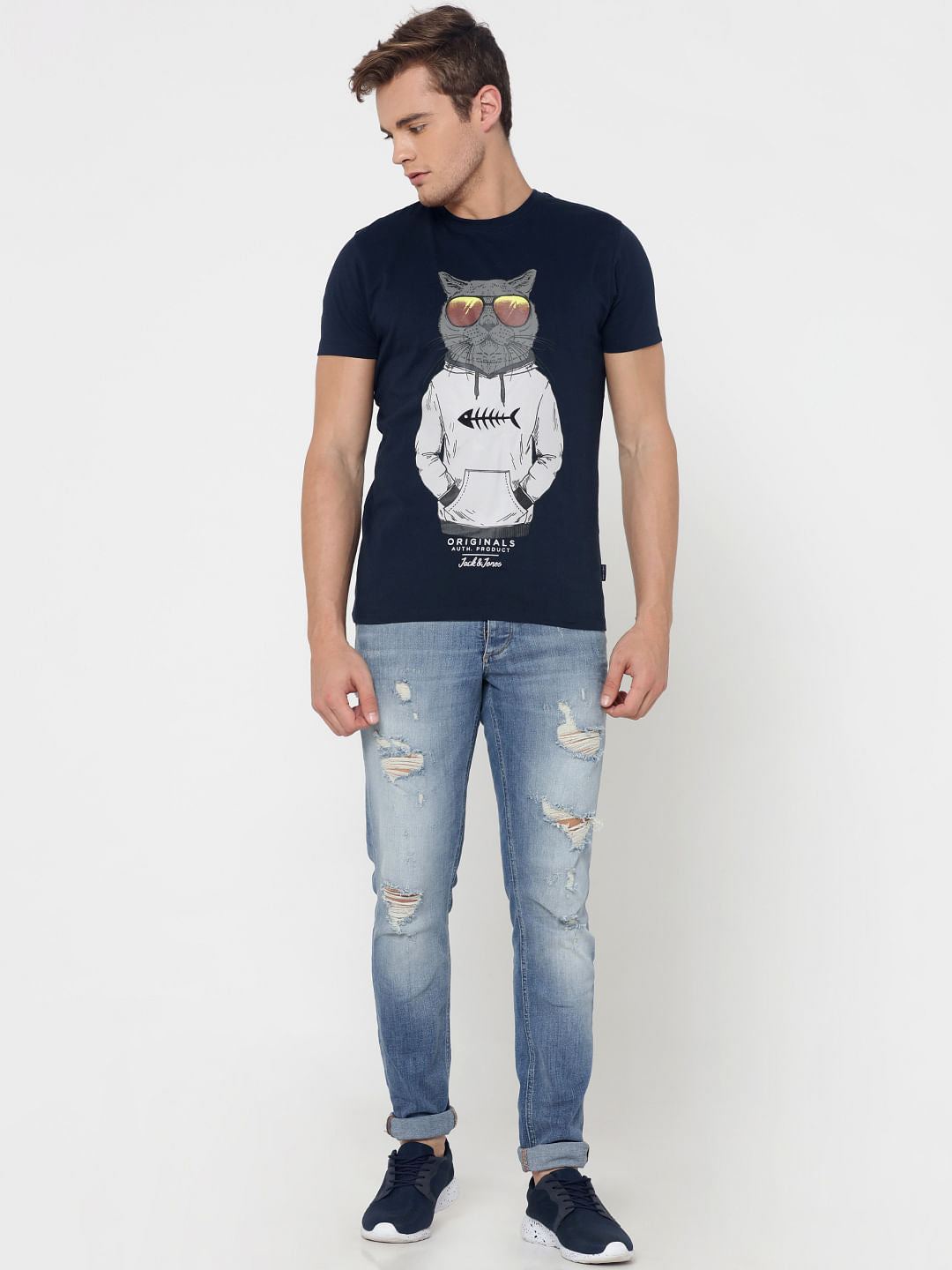 Dark Blue Cat Print Crew Neck T-Shirt