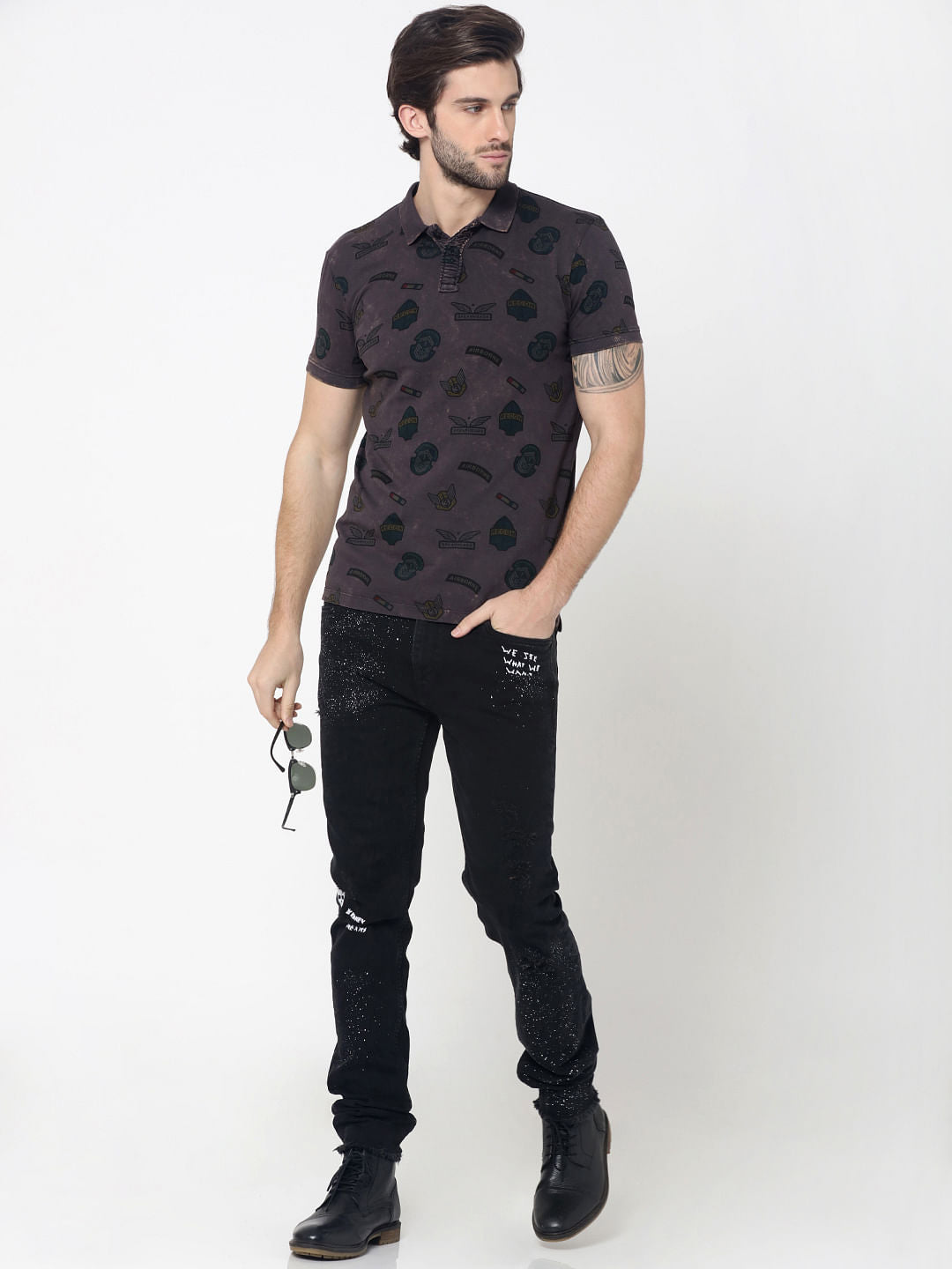 Grey Badge Print Polo T-Shirt