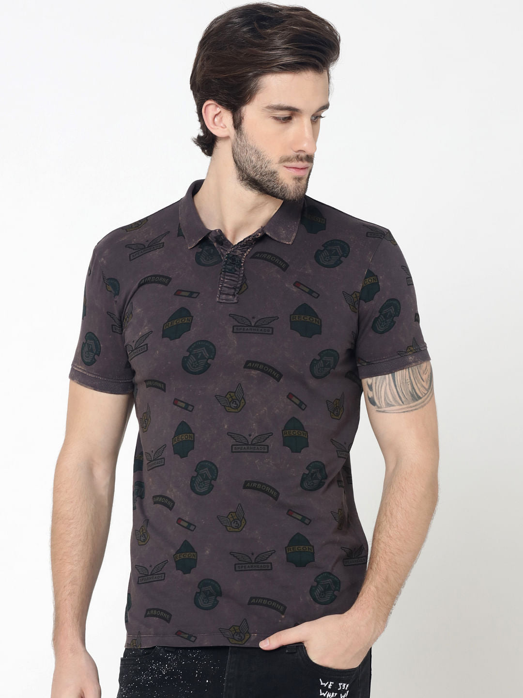 Grey Badge Print Polo T-Shirt - S