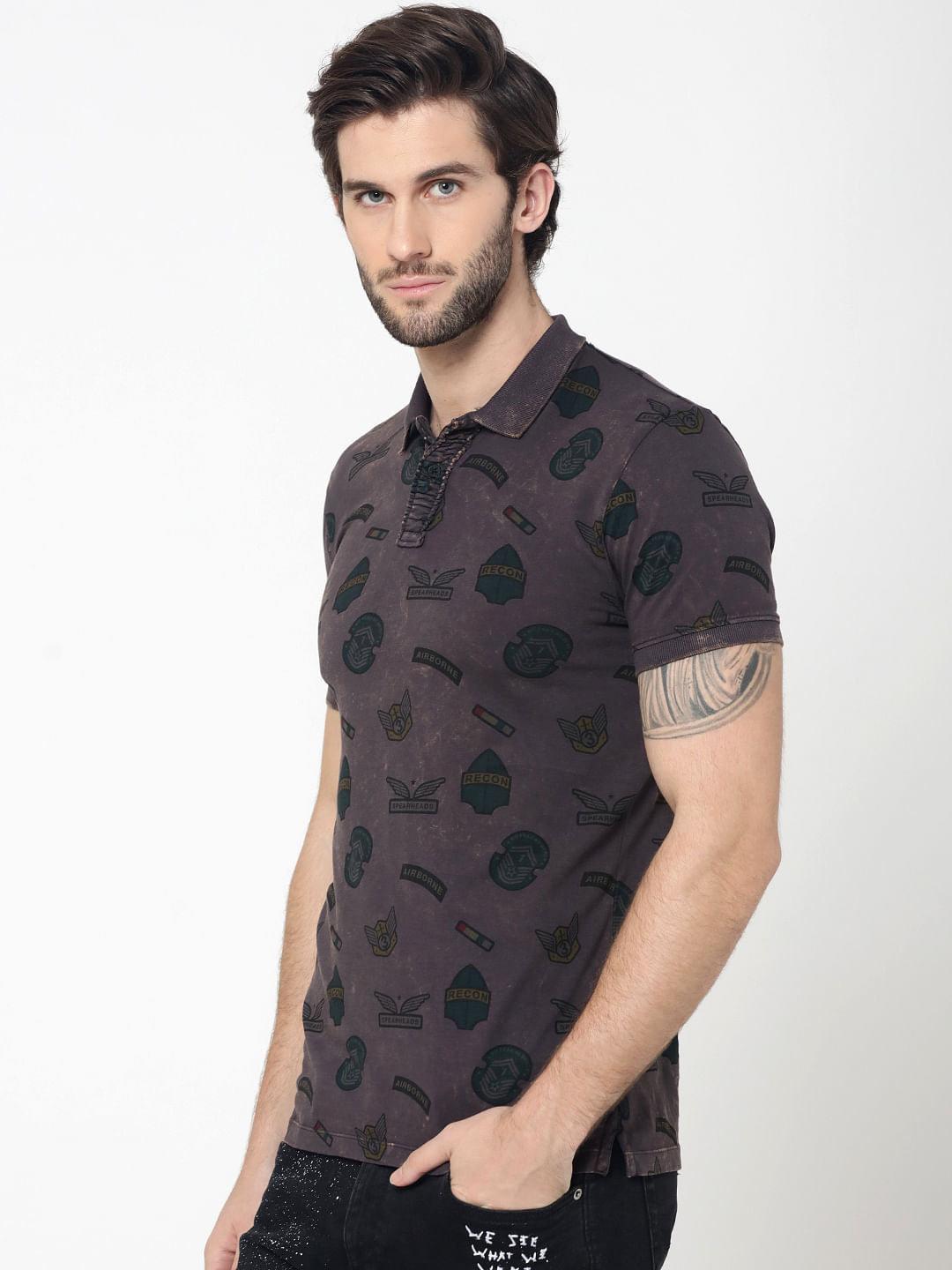 Grey Badge Print Polo T-Shirt