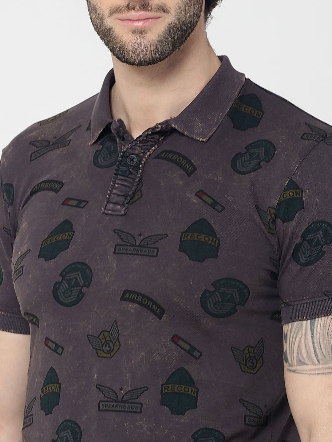 Grey Badge Print Polo T-Shirt
