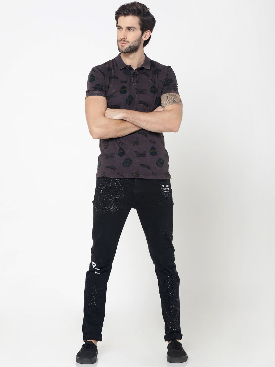 Grey Badge Print Polo T-Shirt