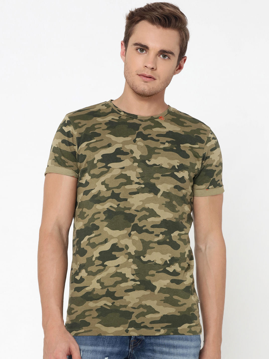 Green Camo Print Crew Neck T-Shirt - S