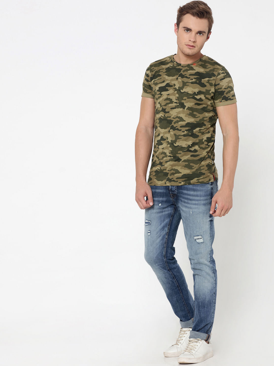 Green Camo Print Crew Neck T-Shirt