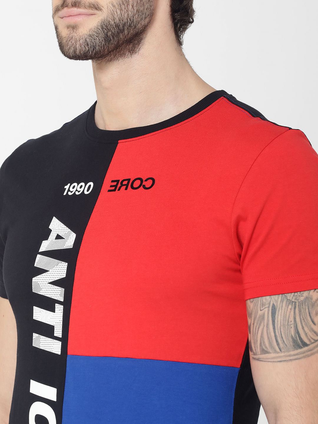 Black Colourblocked Crew Neck T-Shirt