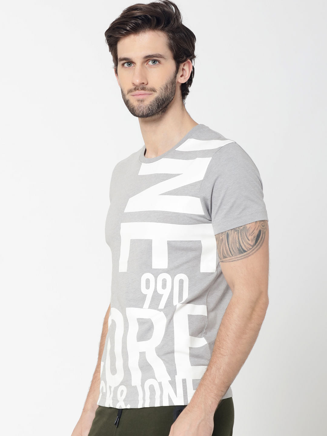 Light Grey Text Print Crew Neck T-Shirt