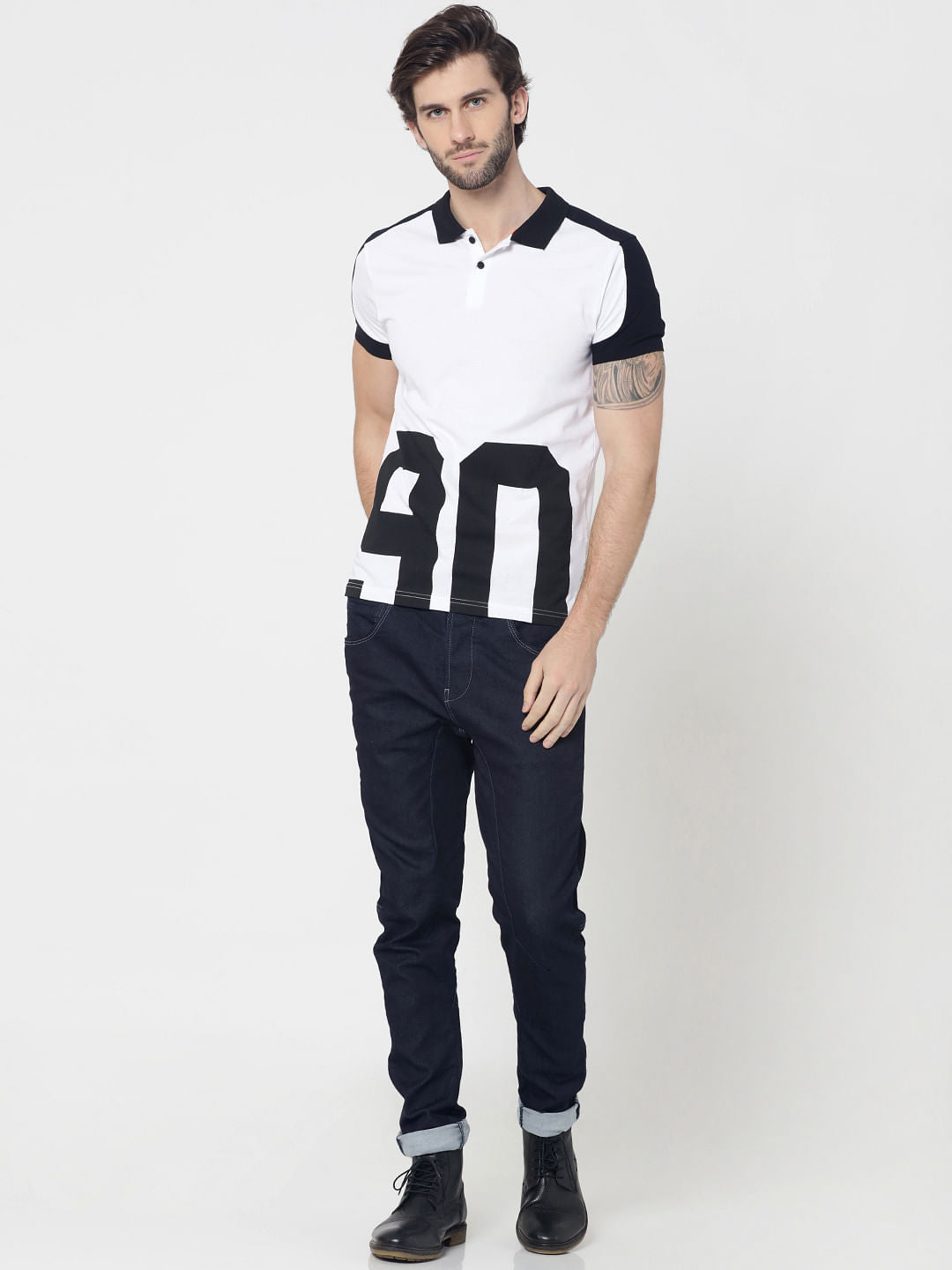 Black & White Typography Print Polo T-Shirt