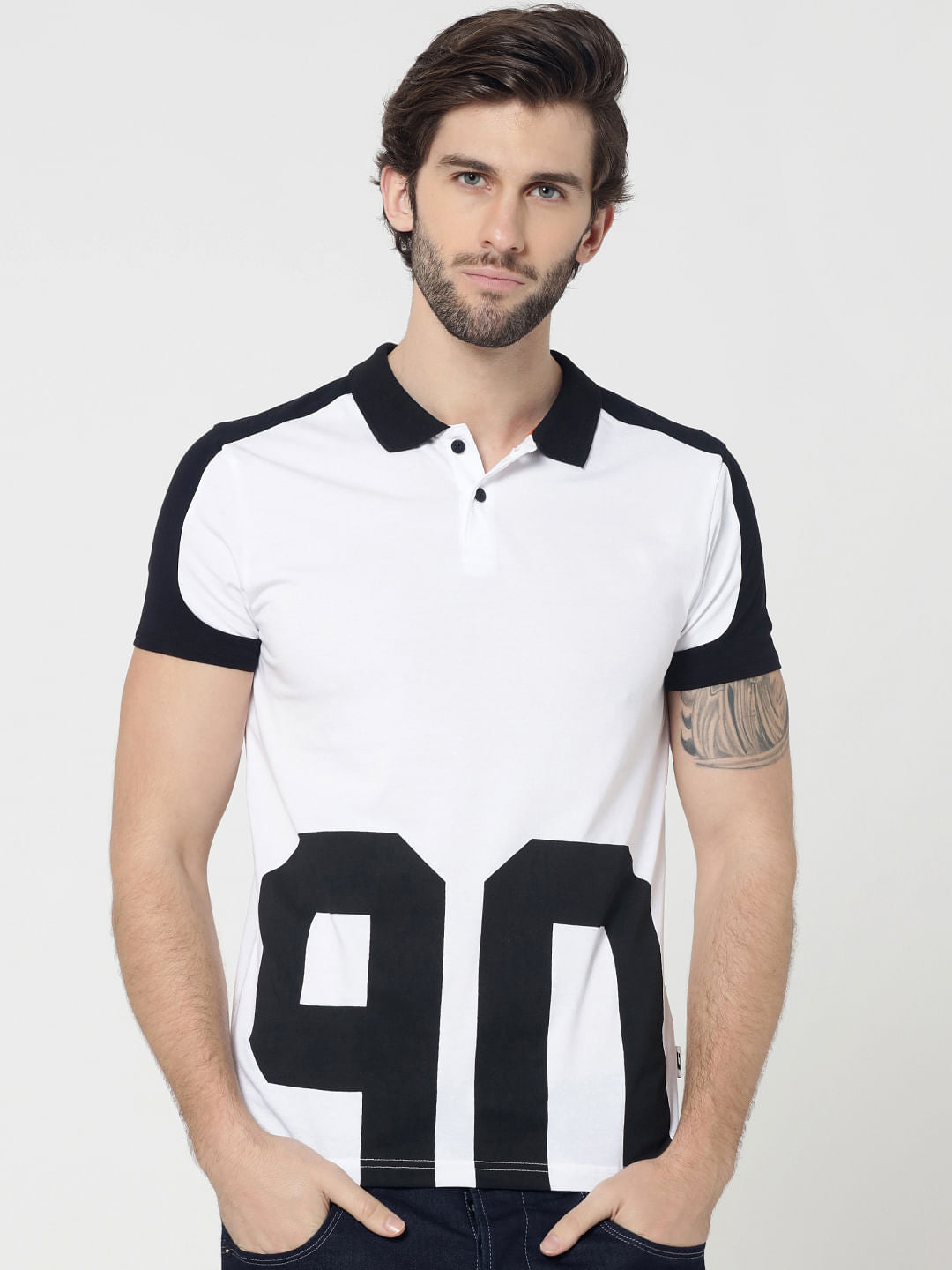 Black & White Typography Print Polo T-Shirt - S