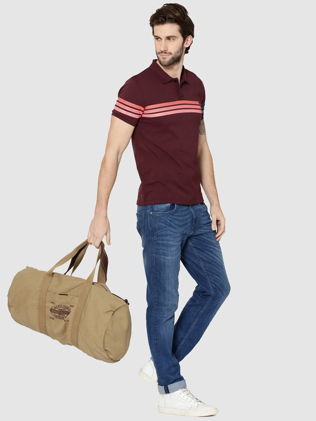 Burgundy Colour Blocked Striped Polo T-Shirt