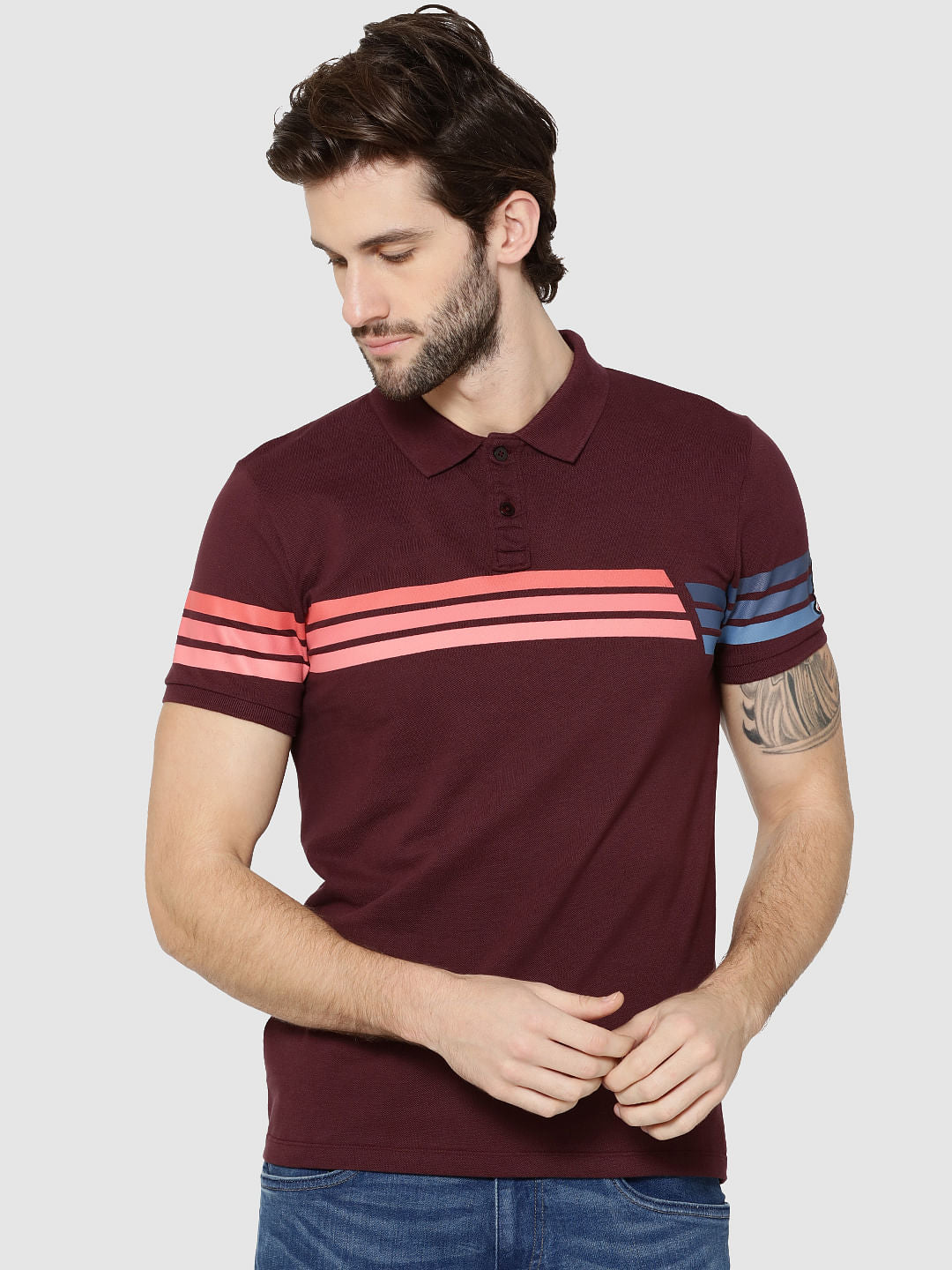 Burgundy Colour Blocked Striped Polo T-Shirt - S