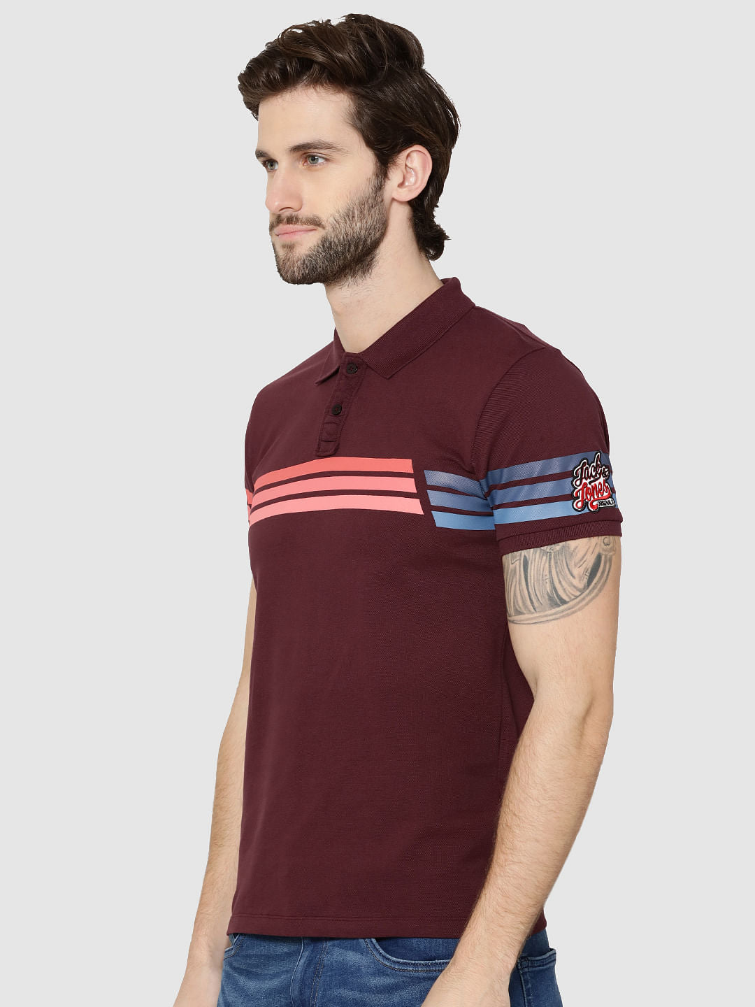 Burgundy Colour Blocked Striped Polo T-Shirt