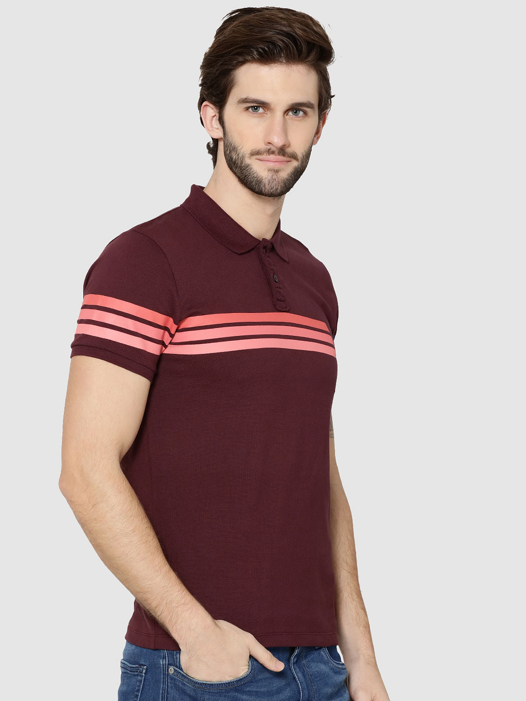 Burgundy Colour Blocked Striped Polo T-Shirt
