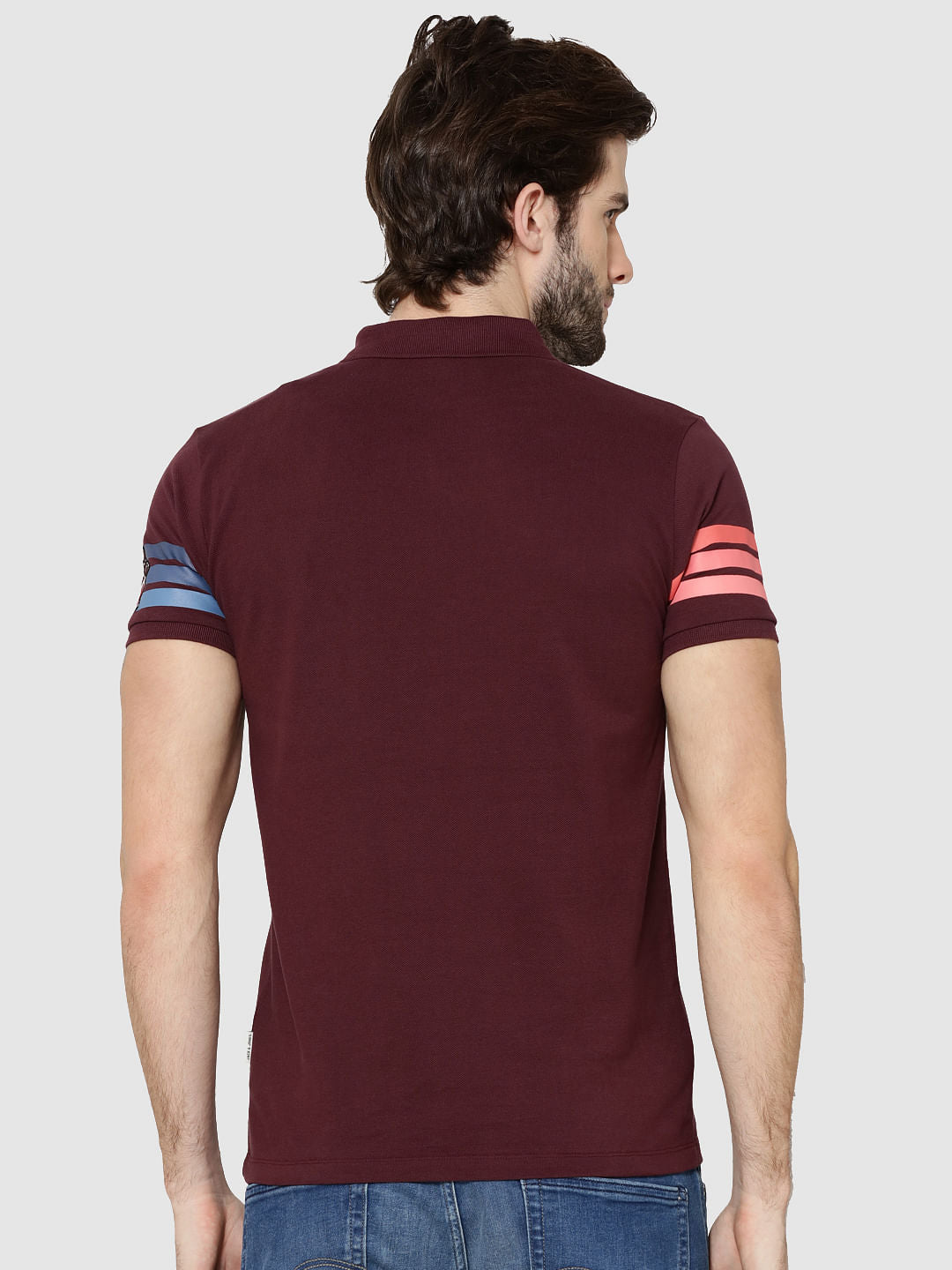 Burgundy Colour Blocked Striped Polo T-Shirt