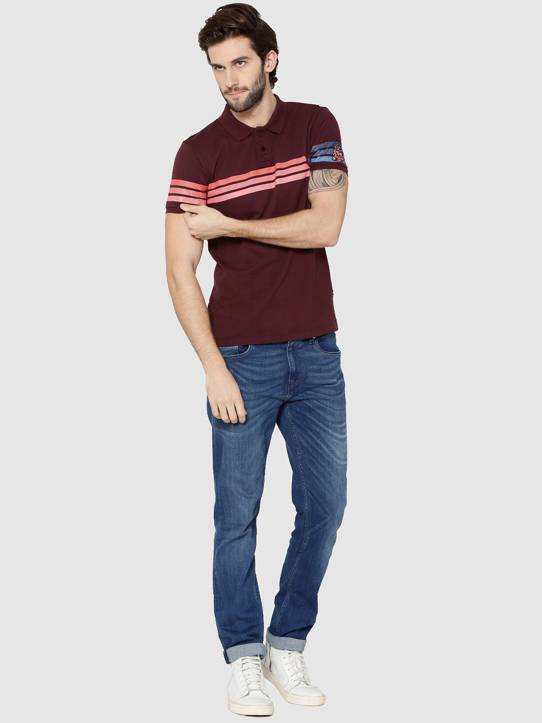 Burgundy Colour Blocked Striped Polo T-Shirt