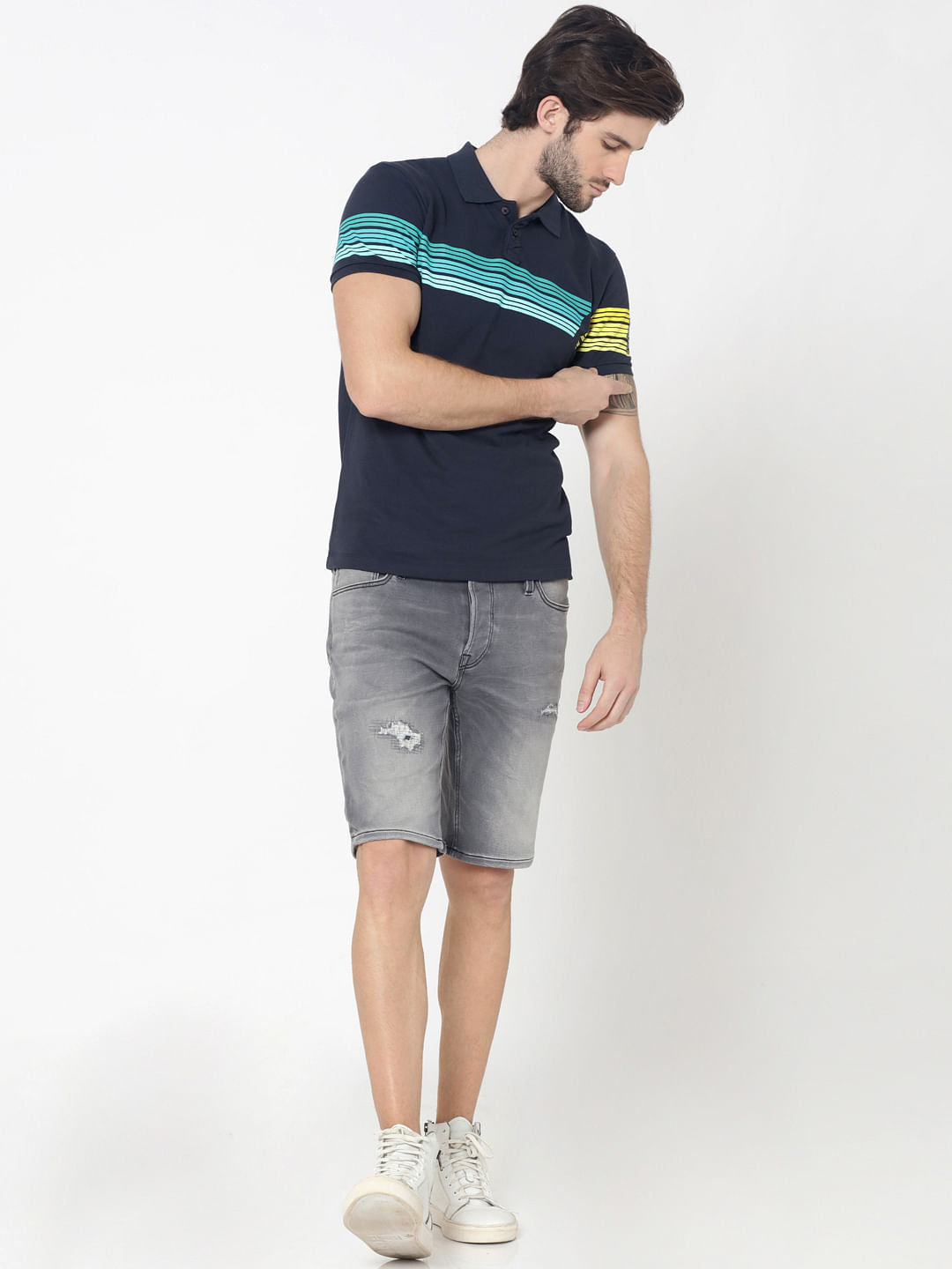 Blue Colourblocked Striped Polo T-Shirt