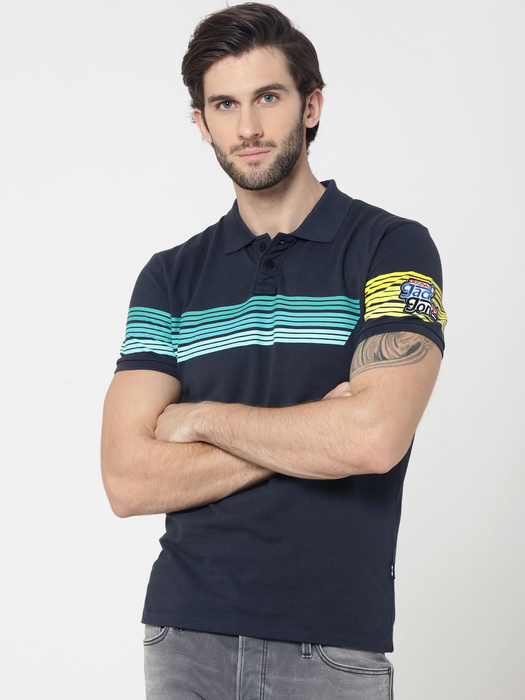 Blue Colourblocked Striped Polo T-Shirt - S