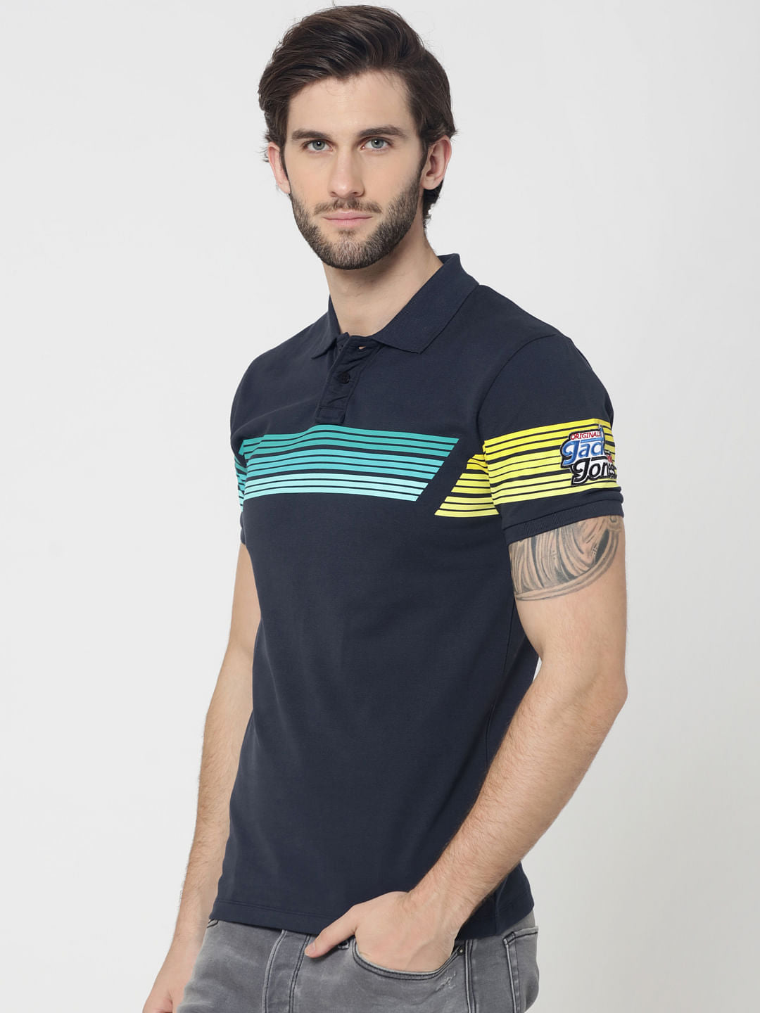 Blue Colourblocked Striped Polo T-Shirt