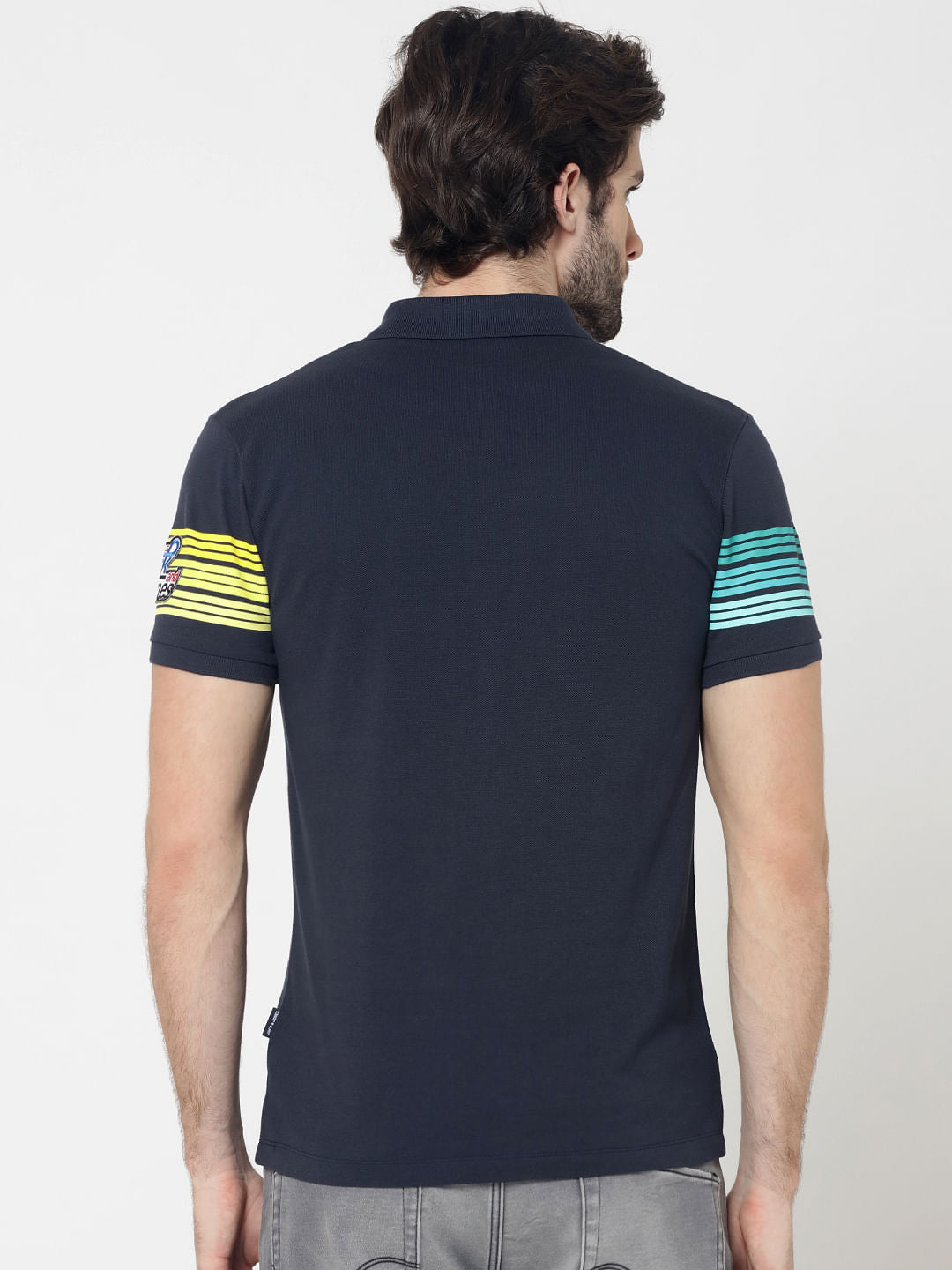 Blue Colourblocked Striped Polo T-Shirt