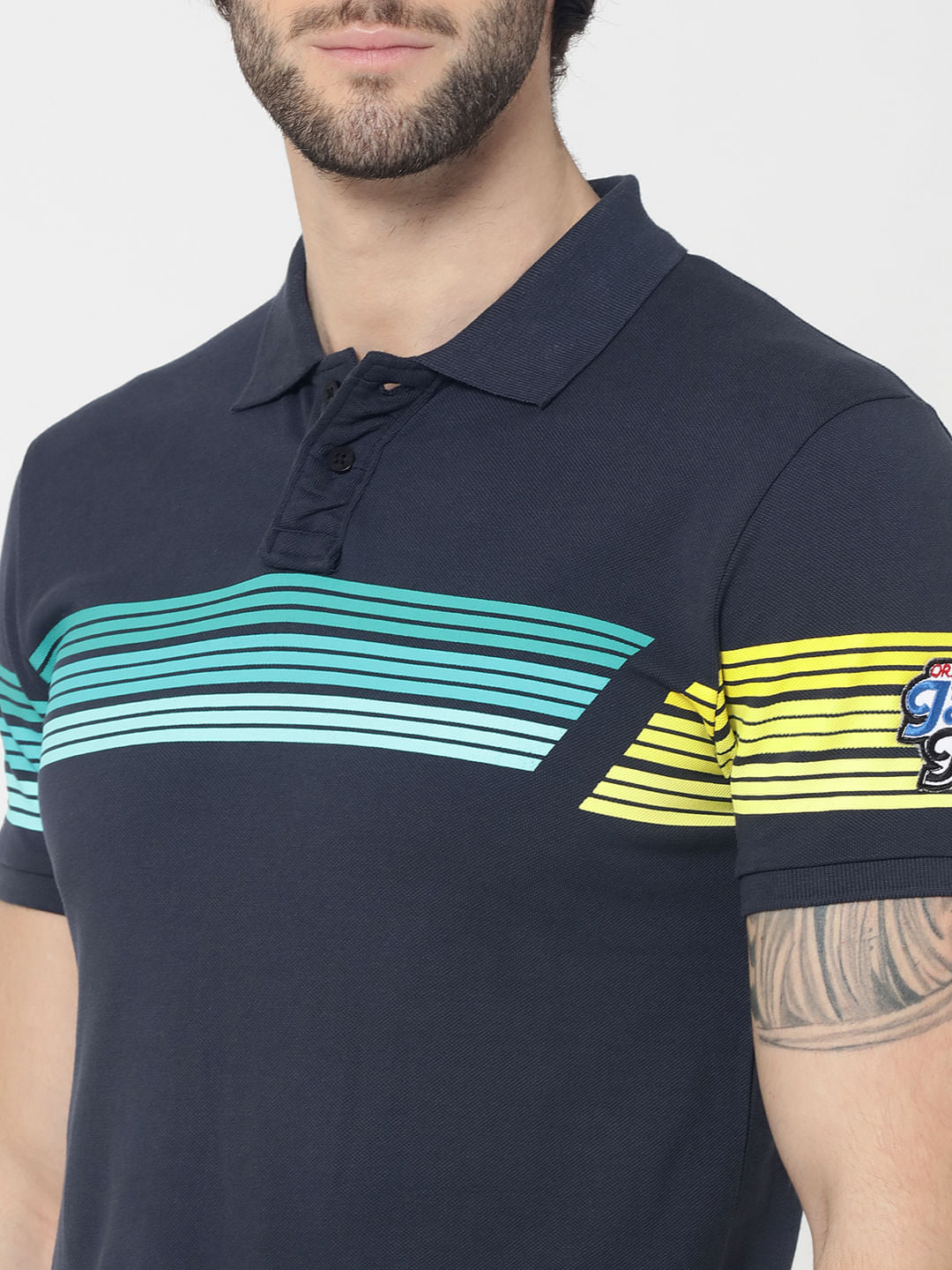 Blue Colourblocked Striped Polo T-Shirt