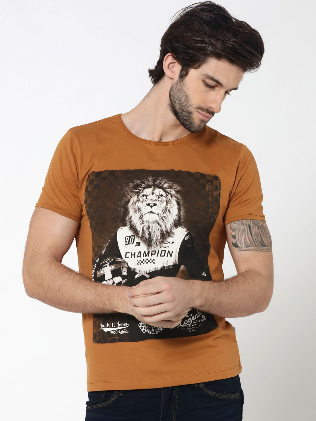 Brown Lion Graphic Print Crew Neck T-Shirt - S