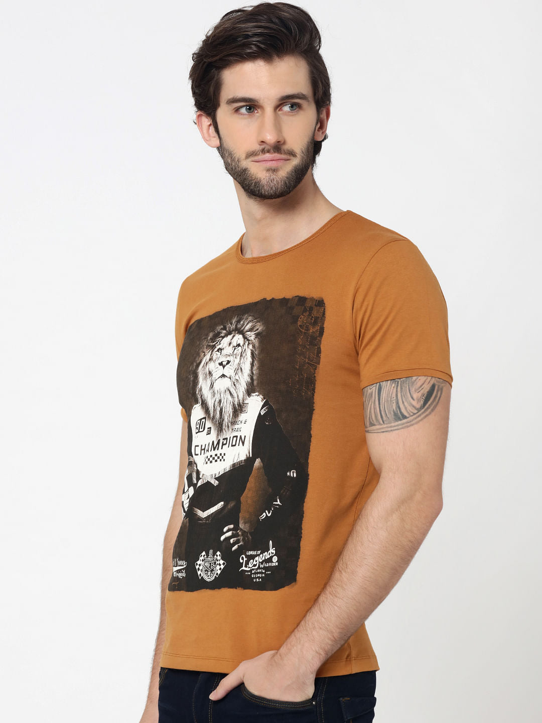 Brown Lion Graphic Print Crew Neck T-Shirt