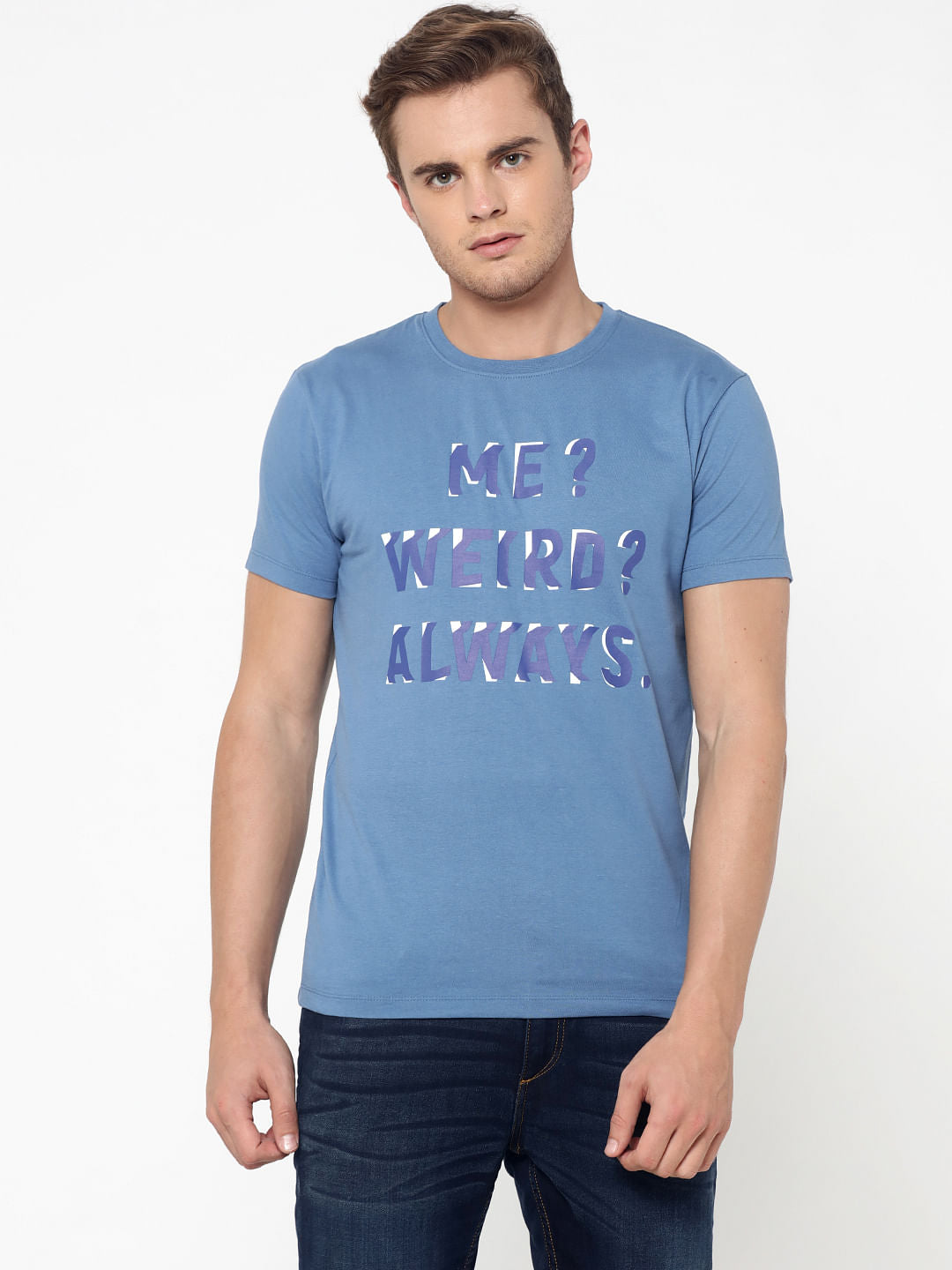 Blue Slogan Print Crew Neck T-Shirt - S