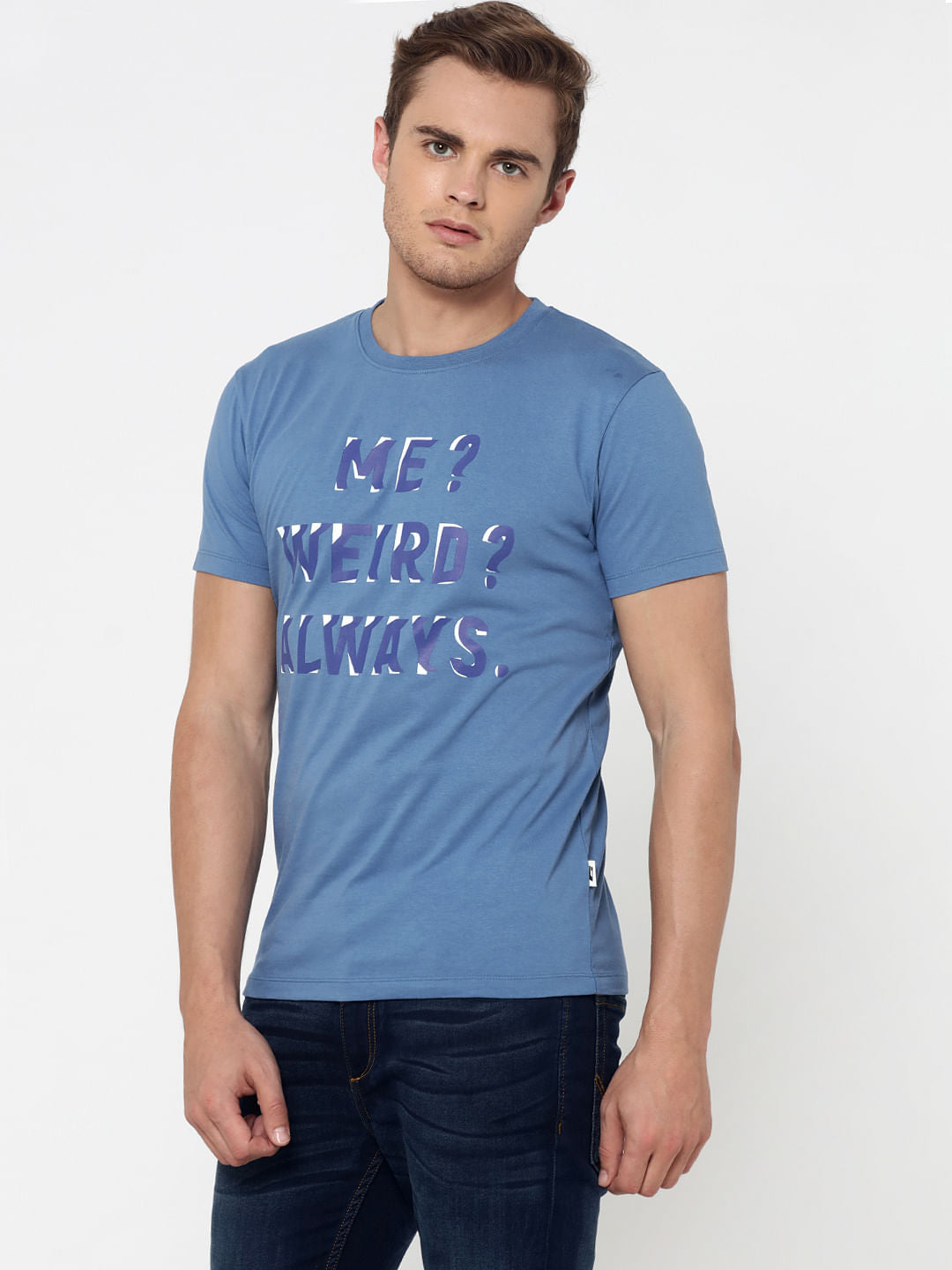 Blue Slogan Print Crew Neck T-Shirt