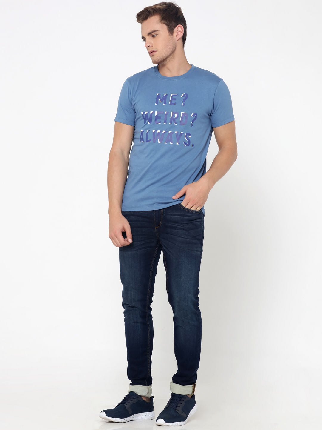 Blue Slogan Print Crew Neck T-Shirt