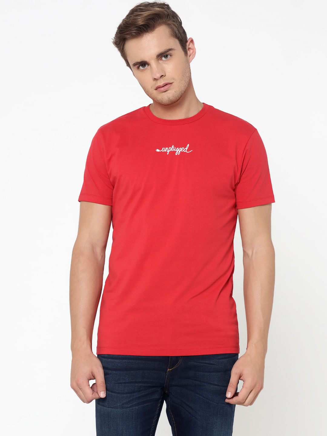Red Text Print Crew Neck T-Shirt - S