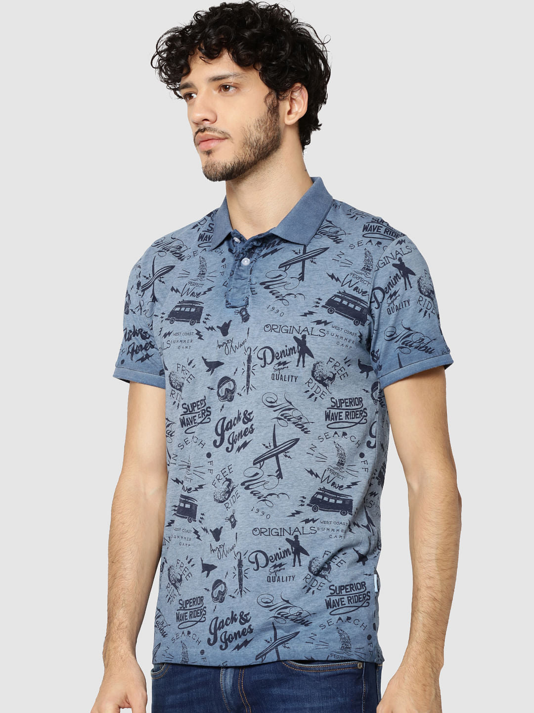 Blue All Over Text Print Polo T-Shirt