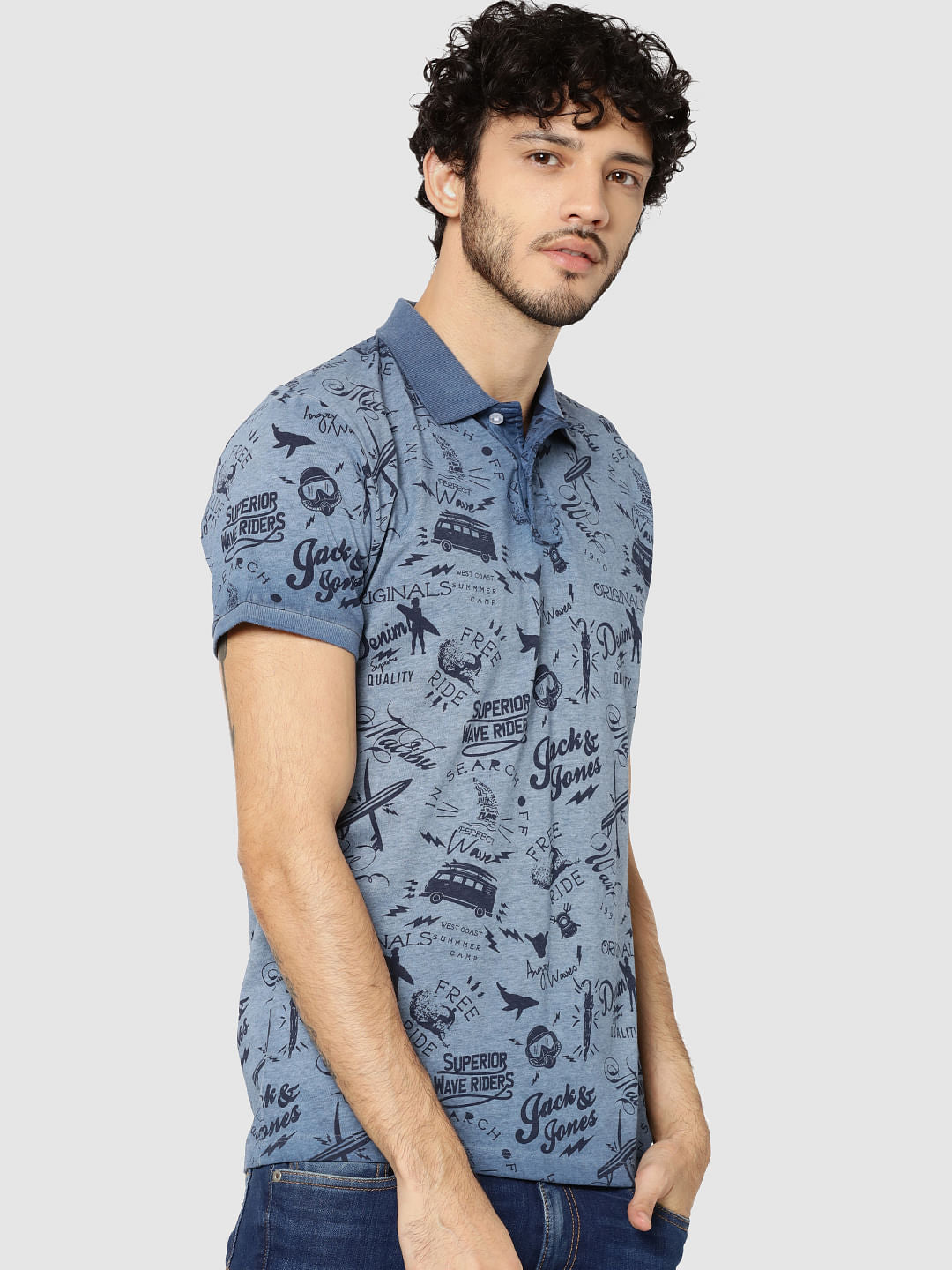Blue All Over Text Print Polo T-Shirt