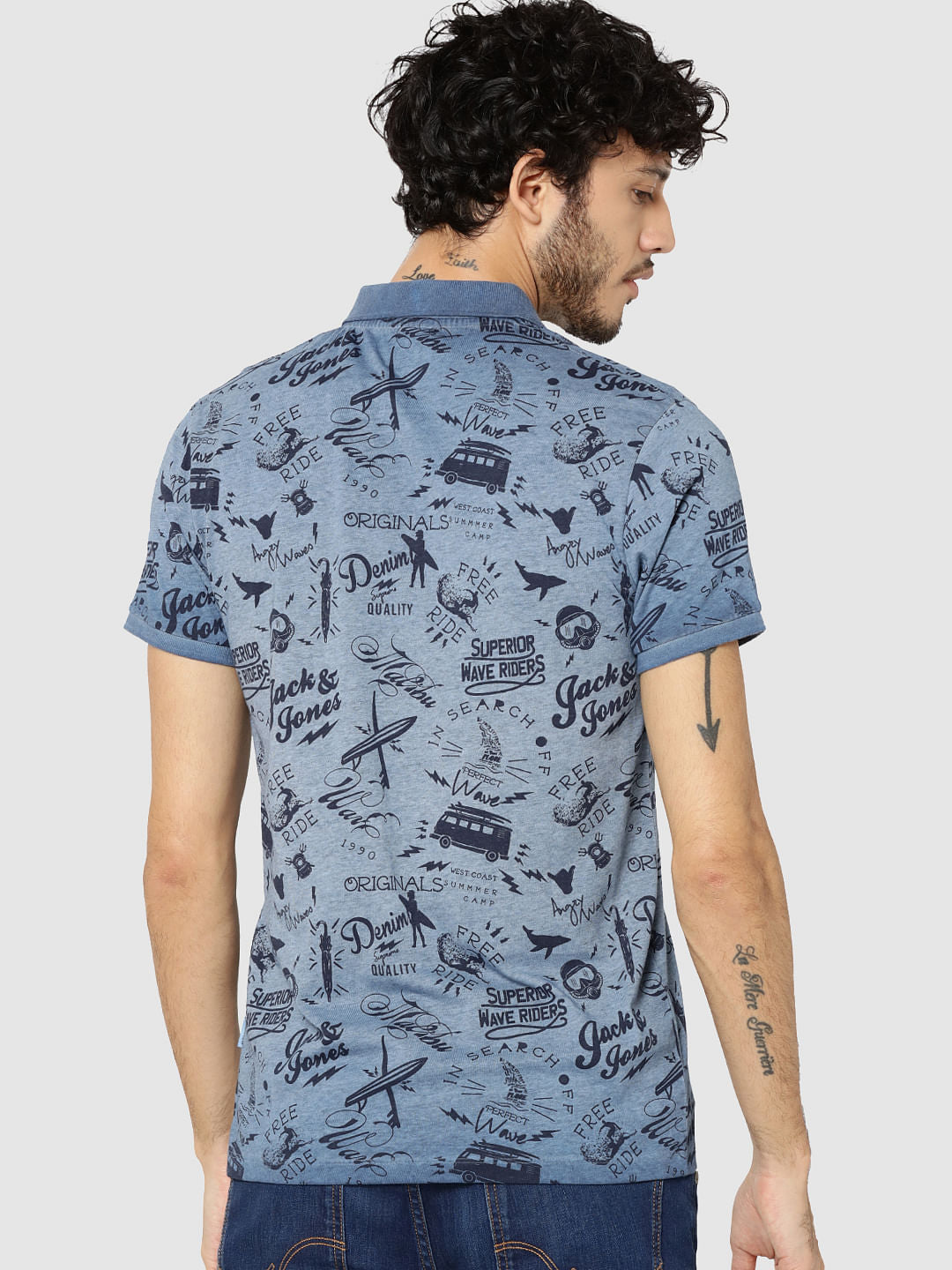 Blue All Over Text Print Polo T-Shirt