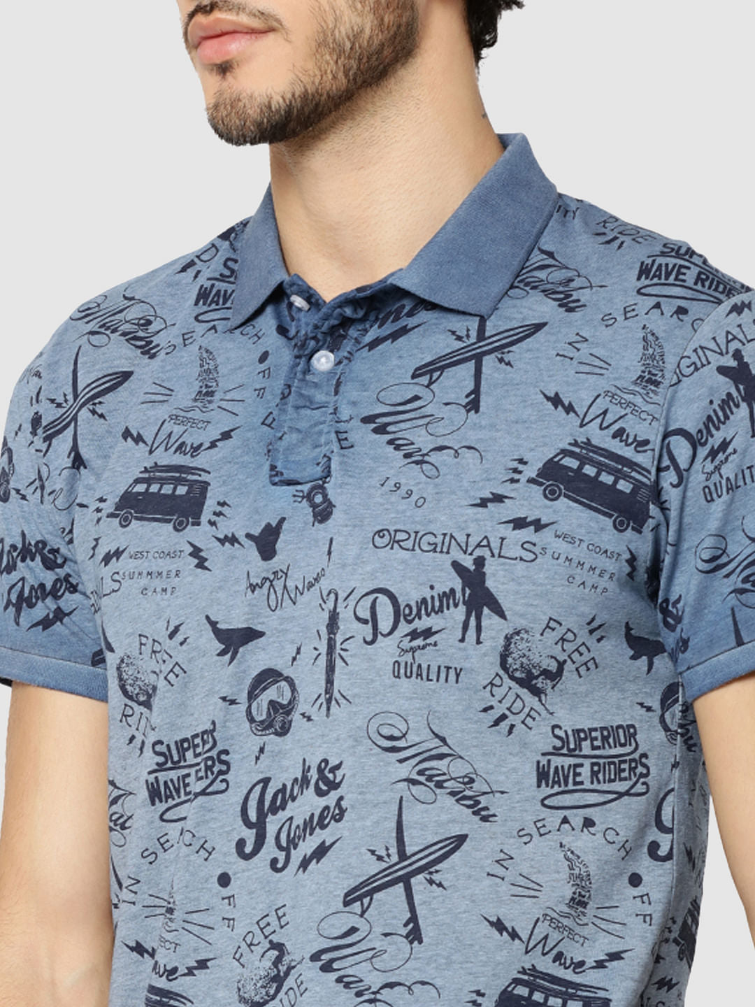 Blue All Over Text Print Polo T-Shirt