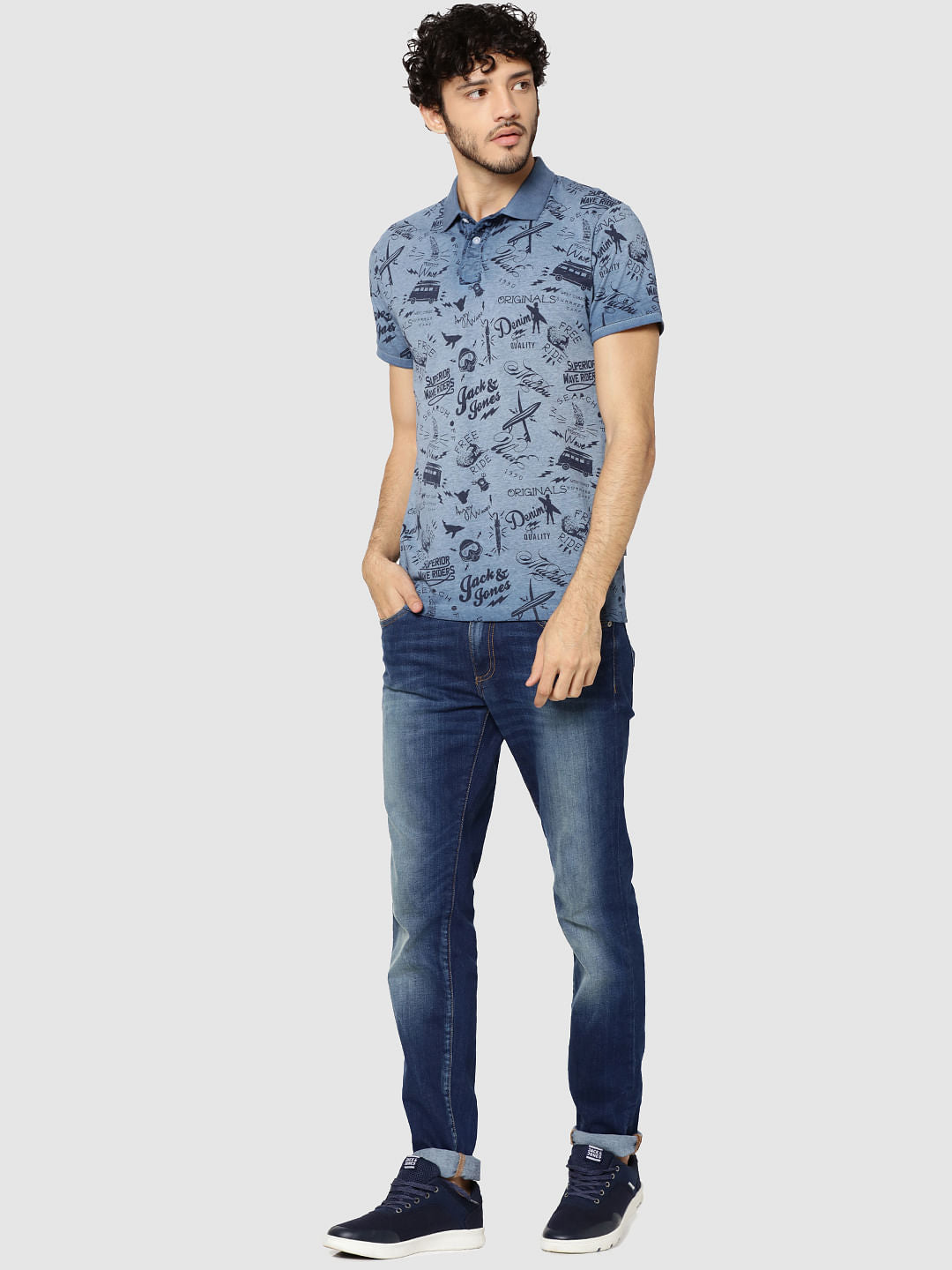 Blue All Over Text Print Polo T-Shirt