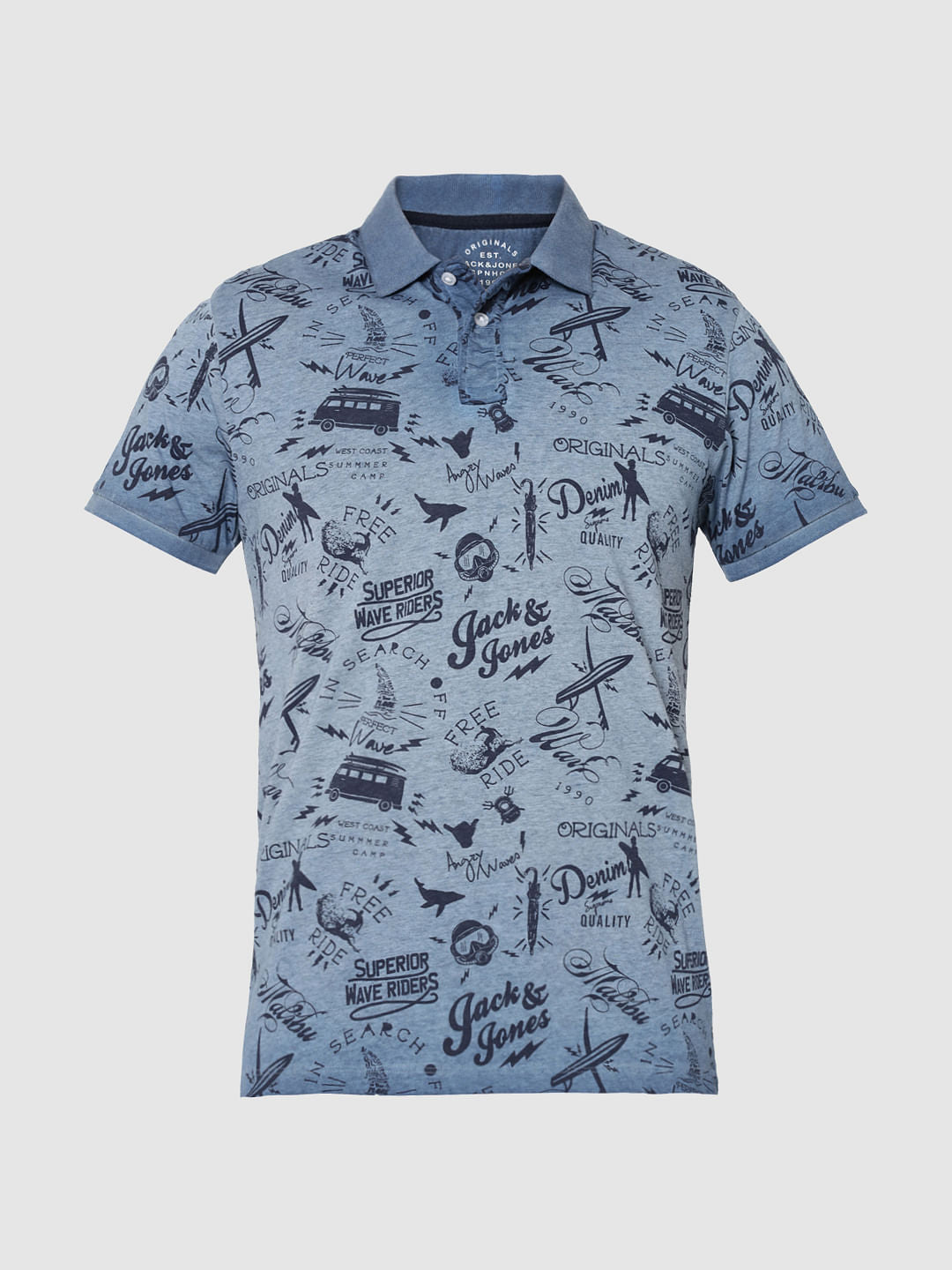 Blue All Over Text Print Polo T-Shirt