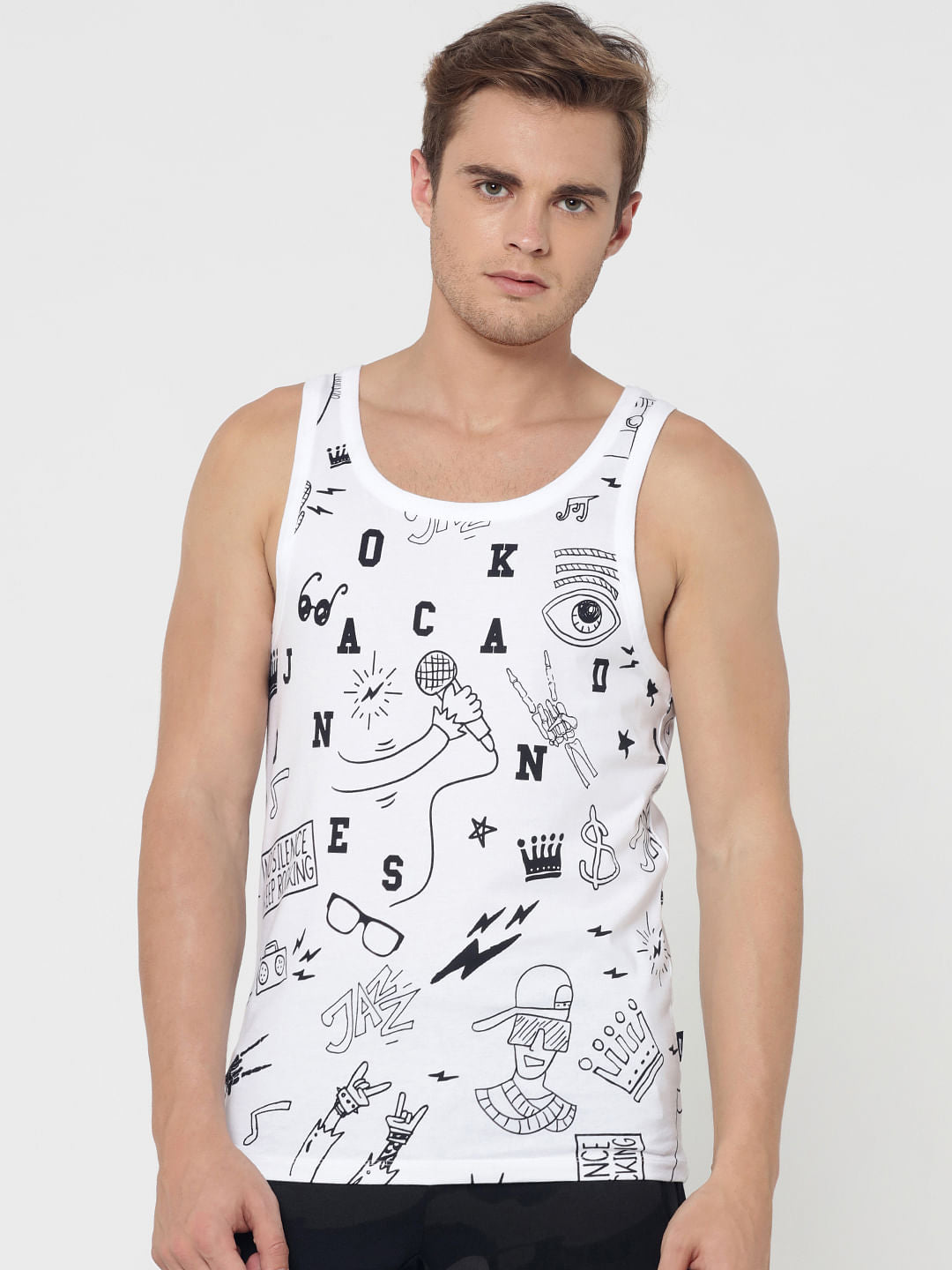 White All Over Print Slim Fit Vest - S
