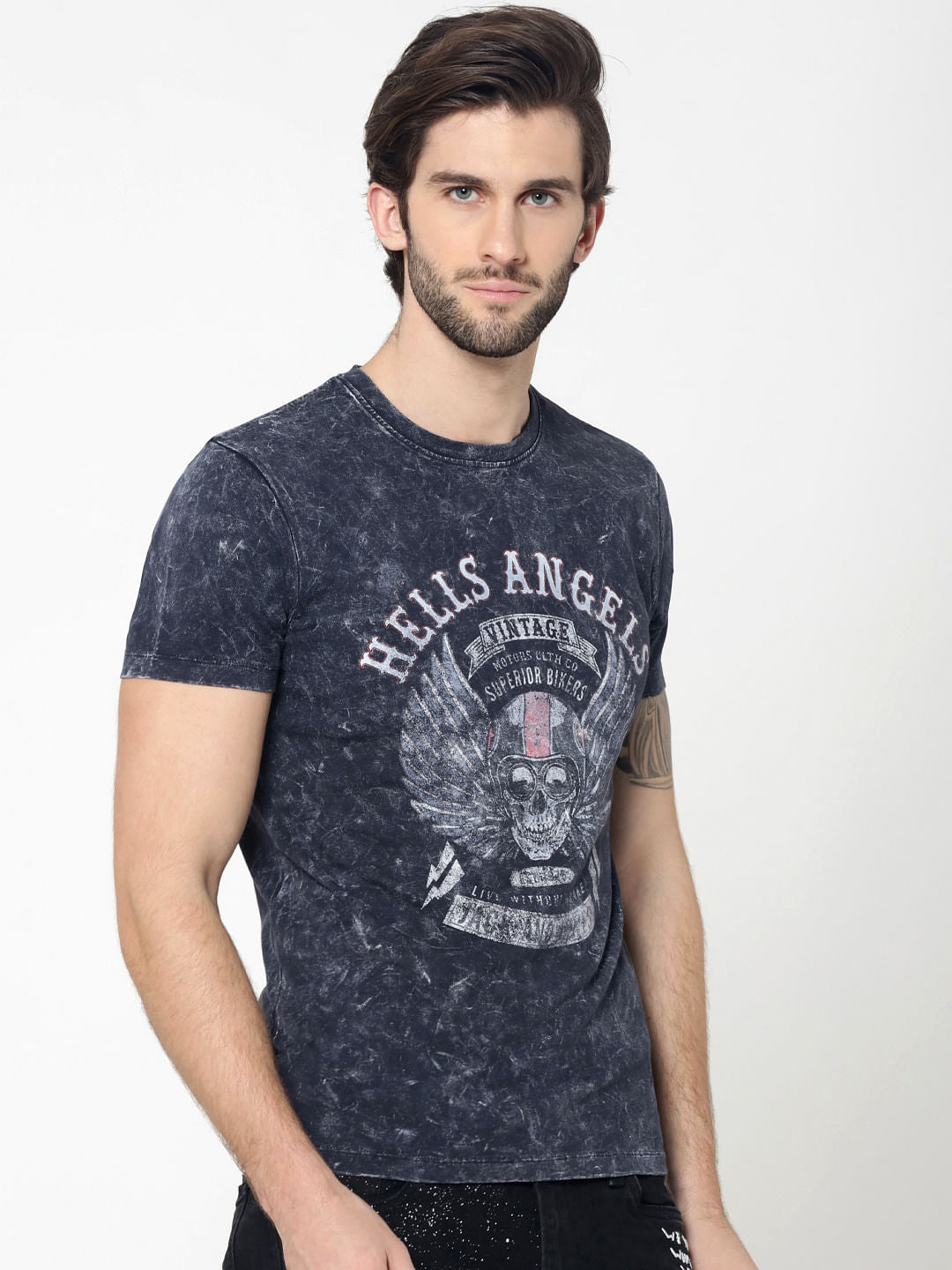 Blue Skull Graphic Print Crew Neck T-Shirt - S