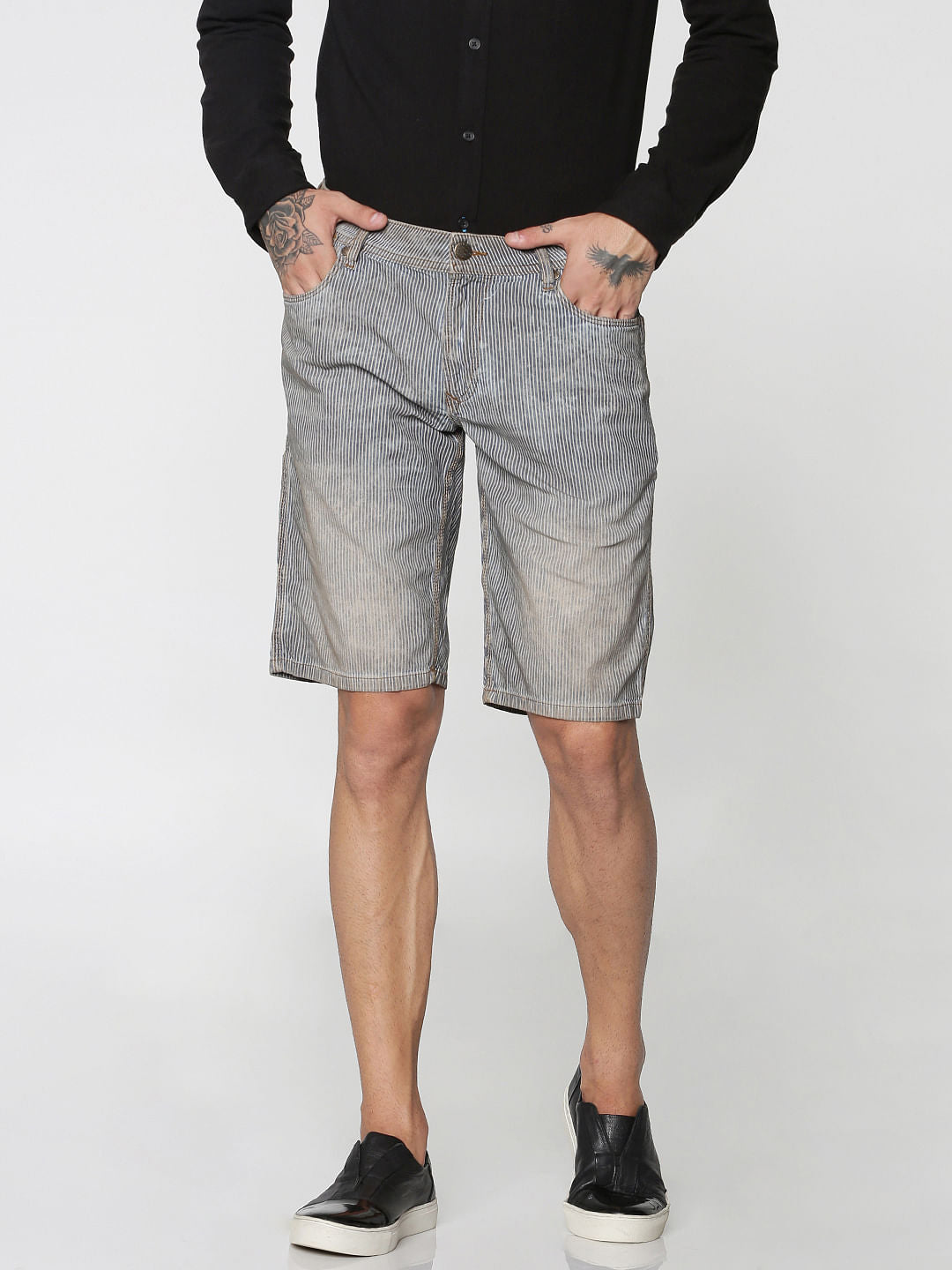 Light Blue Stripe Slim Fit Denim Shorts - S