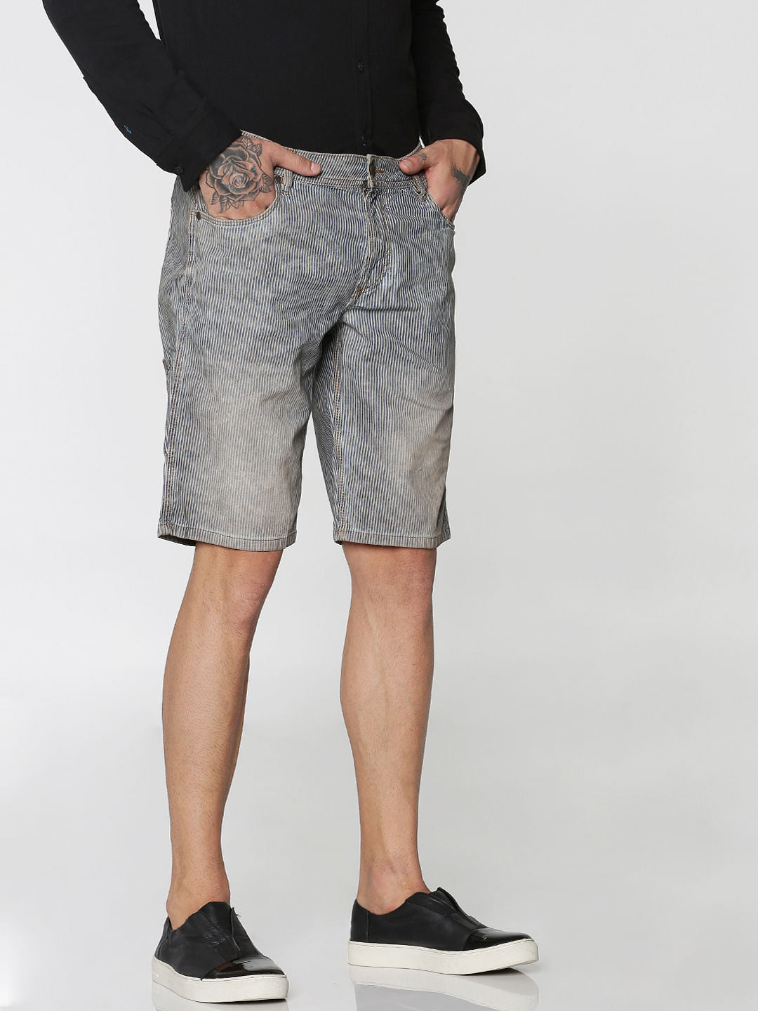 Light Blue Stripe Slim Fit Denim Shorts