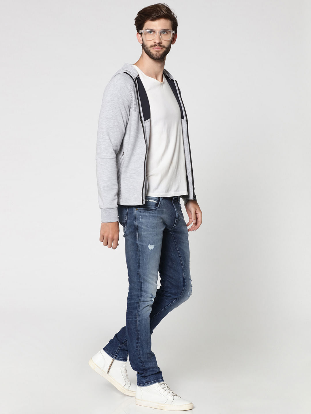 Grey Mesh Detail Zip Up Hooded Sweat Jacket