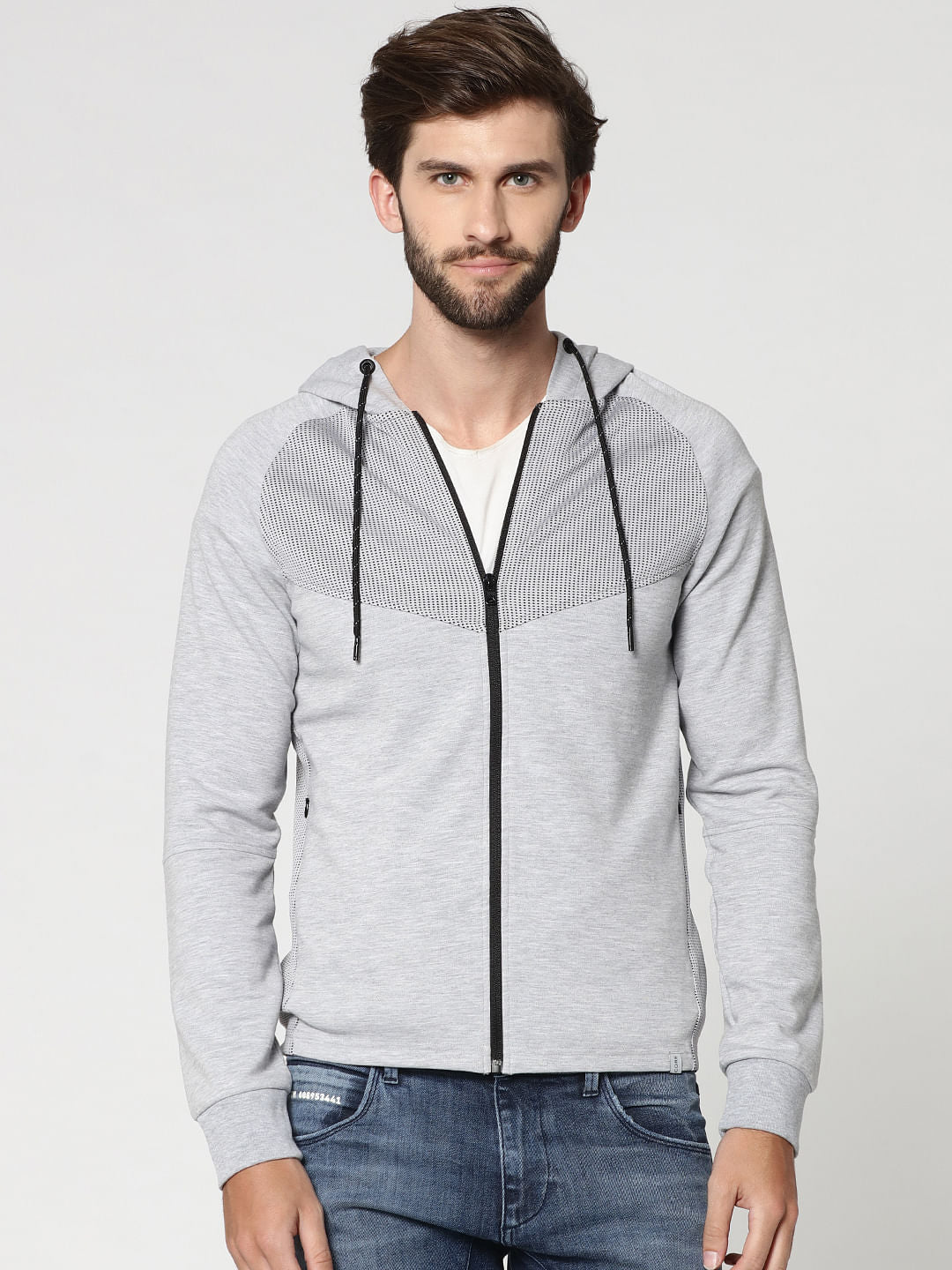 Grey Mesh Detail Zip Up Hooded Sweat Jacket