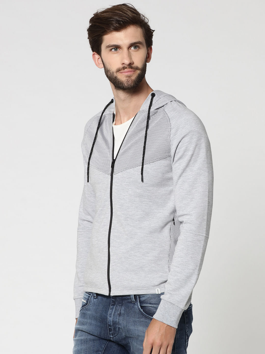 Grey Mesh Detail Zip Up Hooded Sweat Jacket