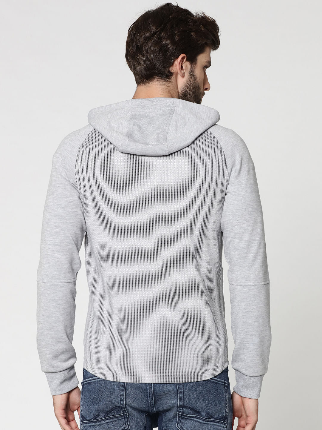 Grey Mesh Detail Zip Up Hooded Sweat Jacket