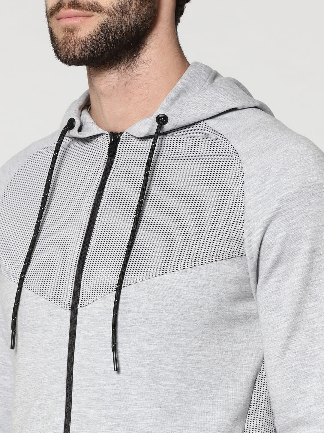 Grey Mesh Detail Zip Up Hooded Sweat Jacket