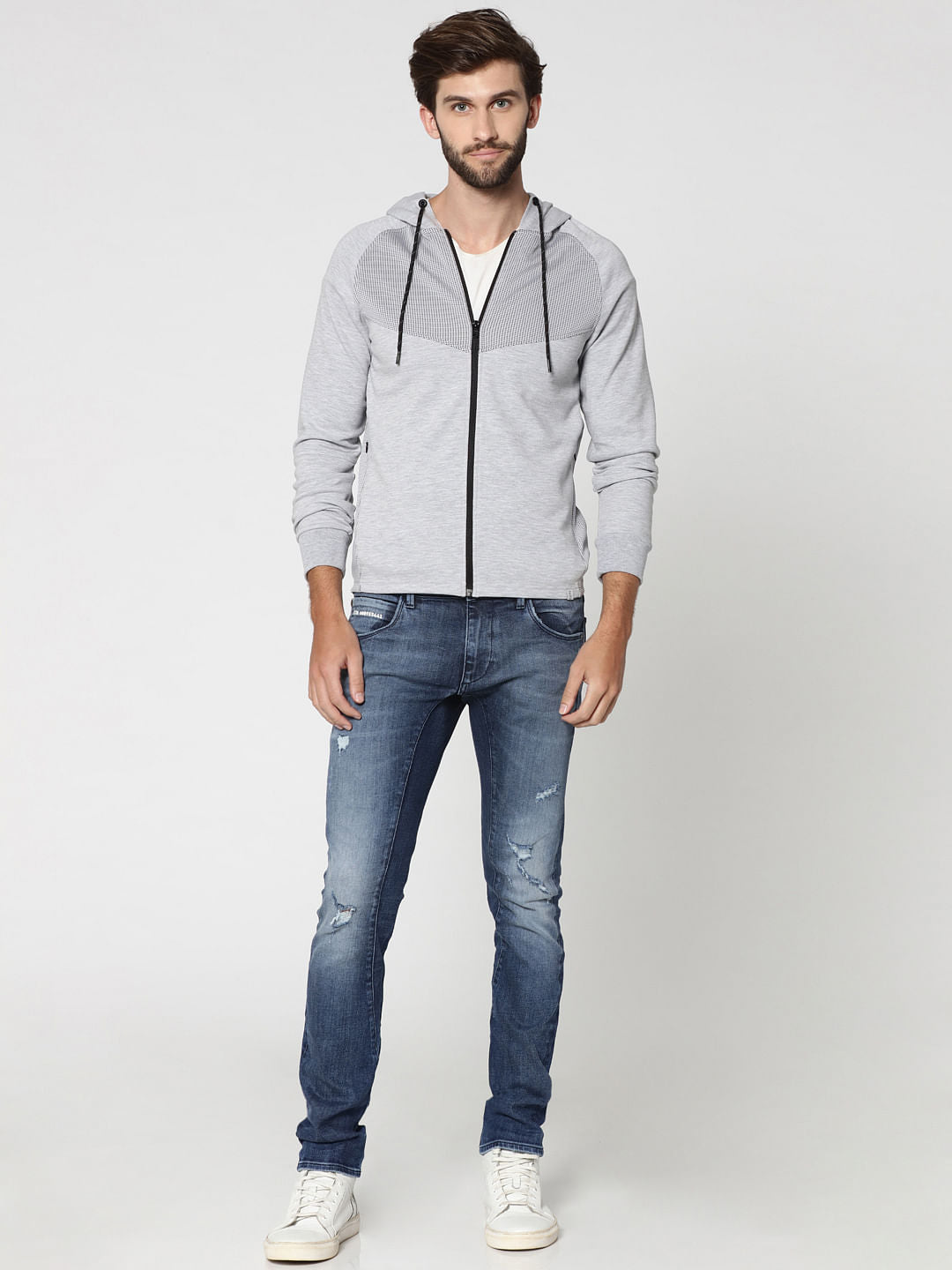 Grey Mesh Detail Zip Up Hooded Sweat Jacket