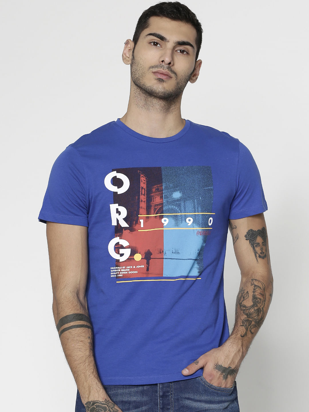 Blue Printed Slim Fit Crew Neck T-Shirt