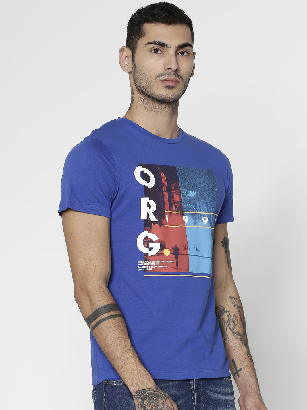 Blue Printed Slim Fit Crew Neck T-Shirt