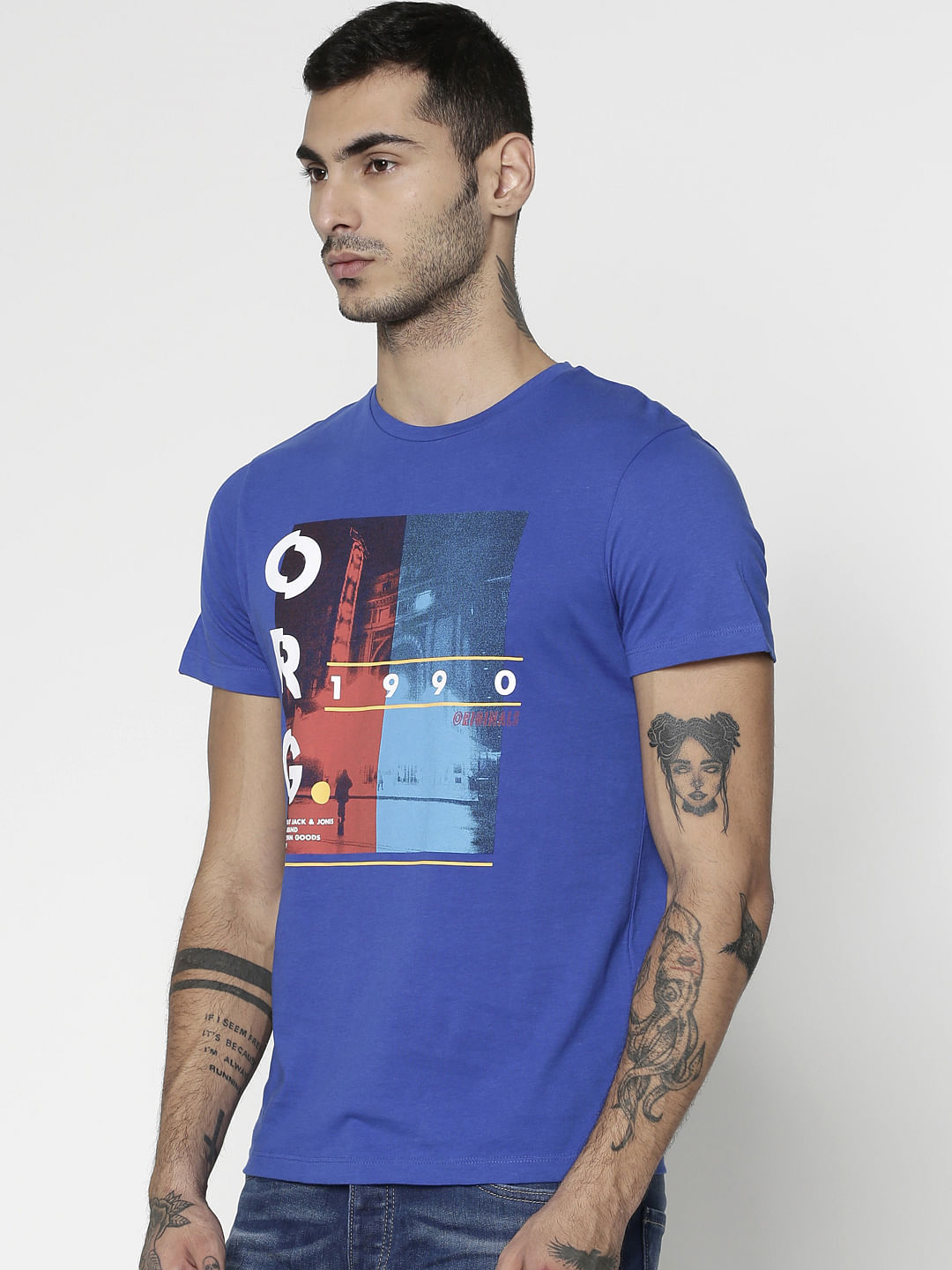Blue Printed Slim Fit Crew Neck T-Shirt