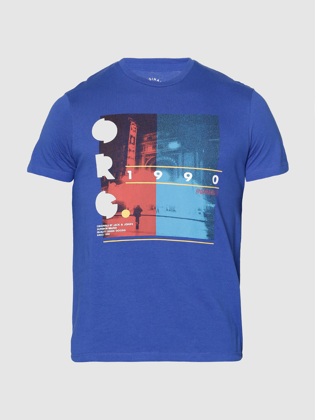 Blue Printed Slim Fit Crew Neck T-Shirt